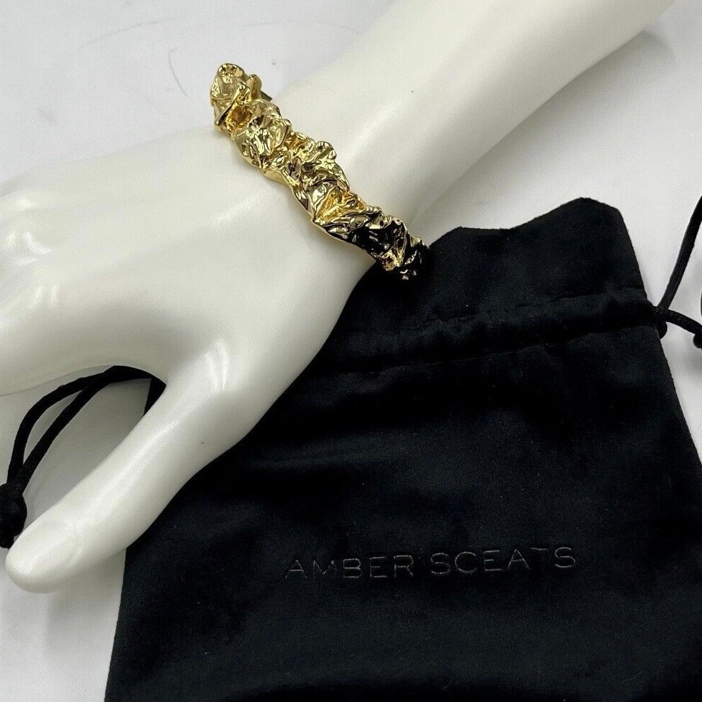 Amber Sceats Designer Emery Cuff Bracelet Crushed Metal Design Bright 24k Plated